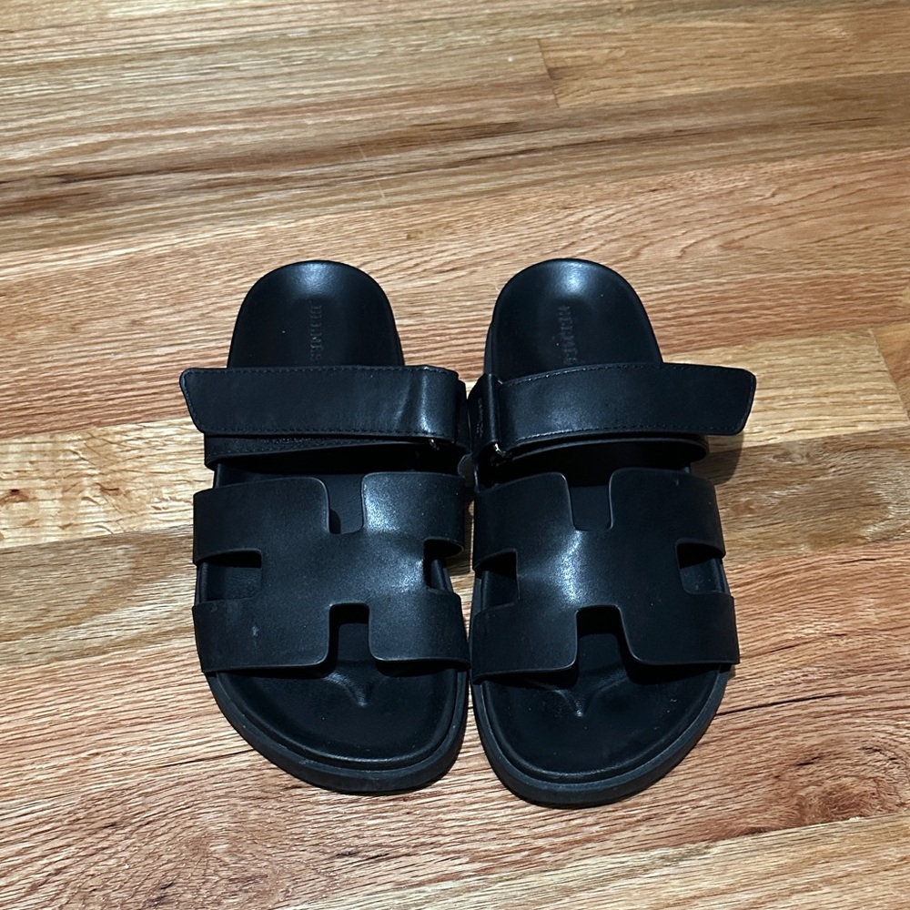 Hermes Black Leather Sandal Slides